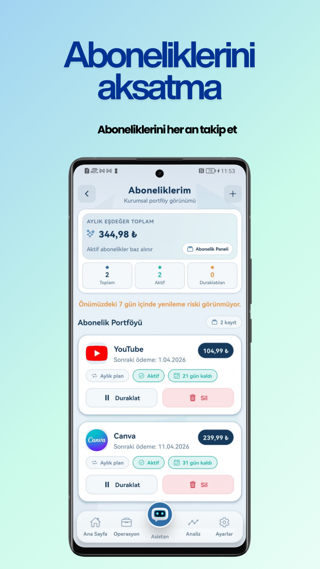 BütçeAI abonelik takibi ekranı