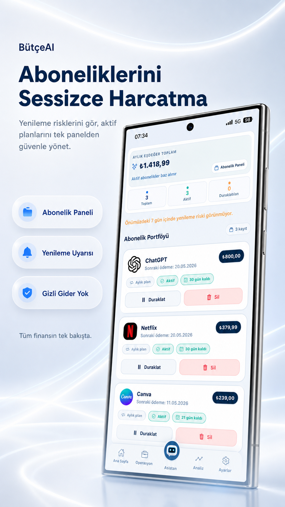 BütçeAI abonelik takibi ekranı